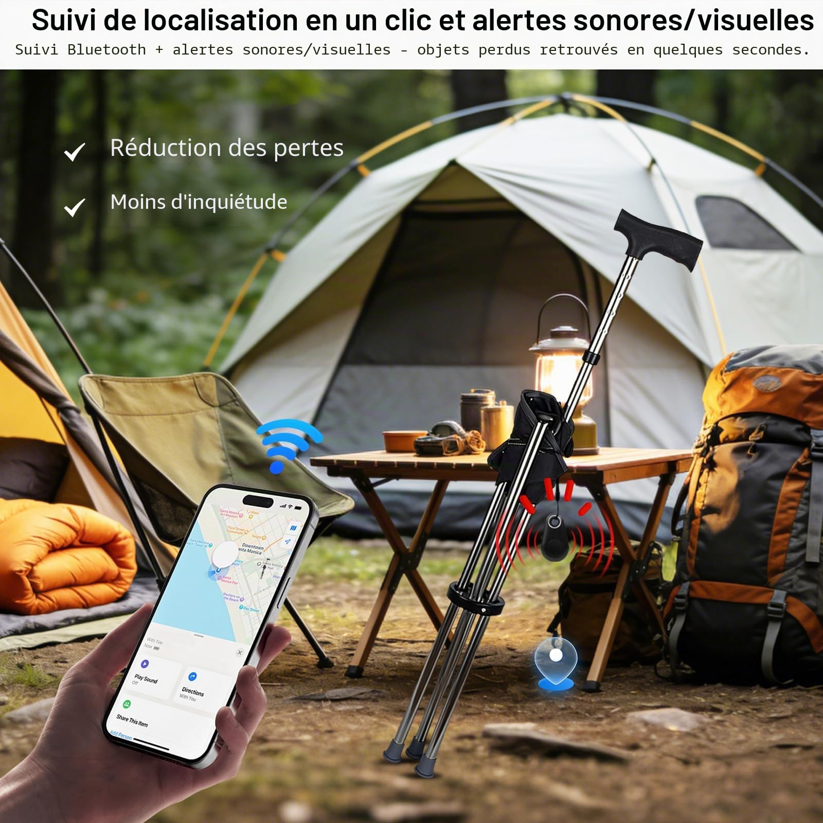 Canne de marche avec siège, 80–90 cm réglable en hauteur, alarme Bluetooth, pliable et légère, Cane-Hocker-Dualuse, capacité de charge 150 kg, idéale pour la randonnée, le camping et les activités de