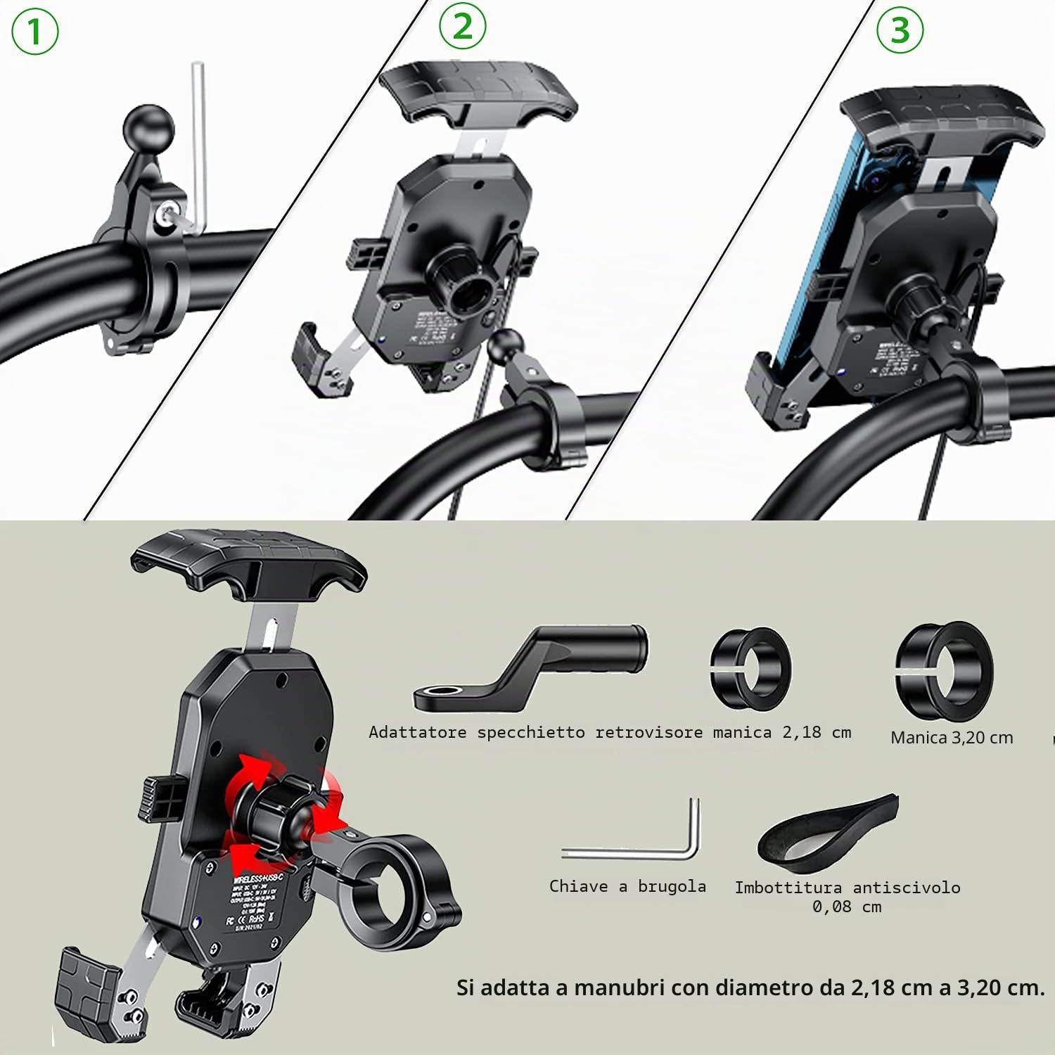 iMESTOU Motociclo Caricatore per Cellulare Senza Fili Qi 15W Caricatore Mobile per Moto USB C 3.0A con Base a Sfera in Alluminio per Manubrio Rotazione a 360° Ricarica Rapida per Cellulari da 4"-7“