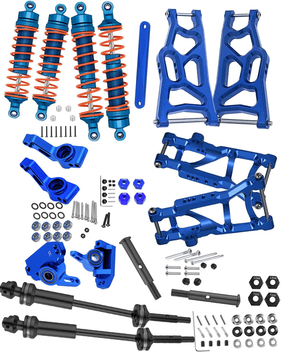 Upgrades Part for 1/10 Rustler VXL 2wd/Stampede VXL 2wd,Steel #45 Driveshafts,Alloy Front Rear Shock Absorbers,Suspension A Arms,Steering Blocks Caster Blocks，C-Hubs Left&Right,Navy Blue