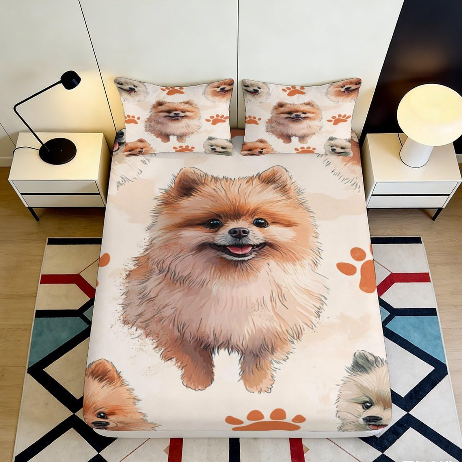 3D Printed Pomeranian Dog Fitted Sheet Microfiber Soft Breathable Paw Print Mattress Cover for Bedroom Dorm Mattress Protection Decor 90x200x25cm