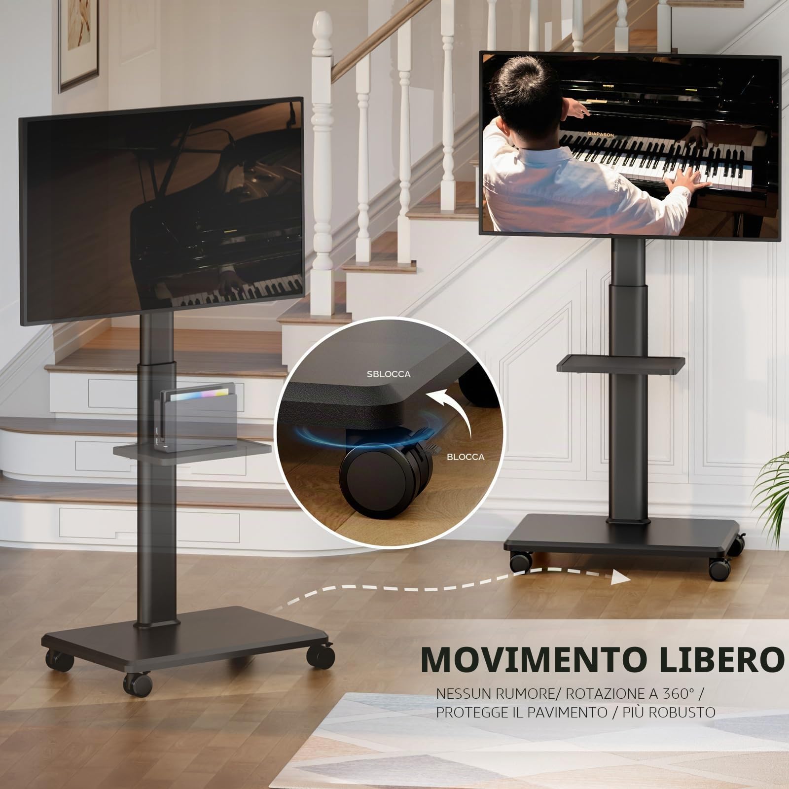AX WABER Supporto TV da Pavimento Mobile con Ruote per TV 27-65 Pollici VESA 400x400 40 kg