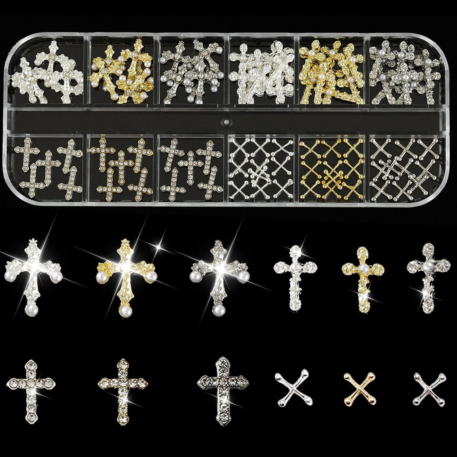 105pcs 3D Cross Nail Charms 6 Style Metal Nail Art Charms Black Silver Gold Cross Charms for Nails（105pcs）