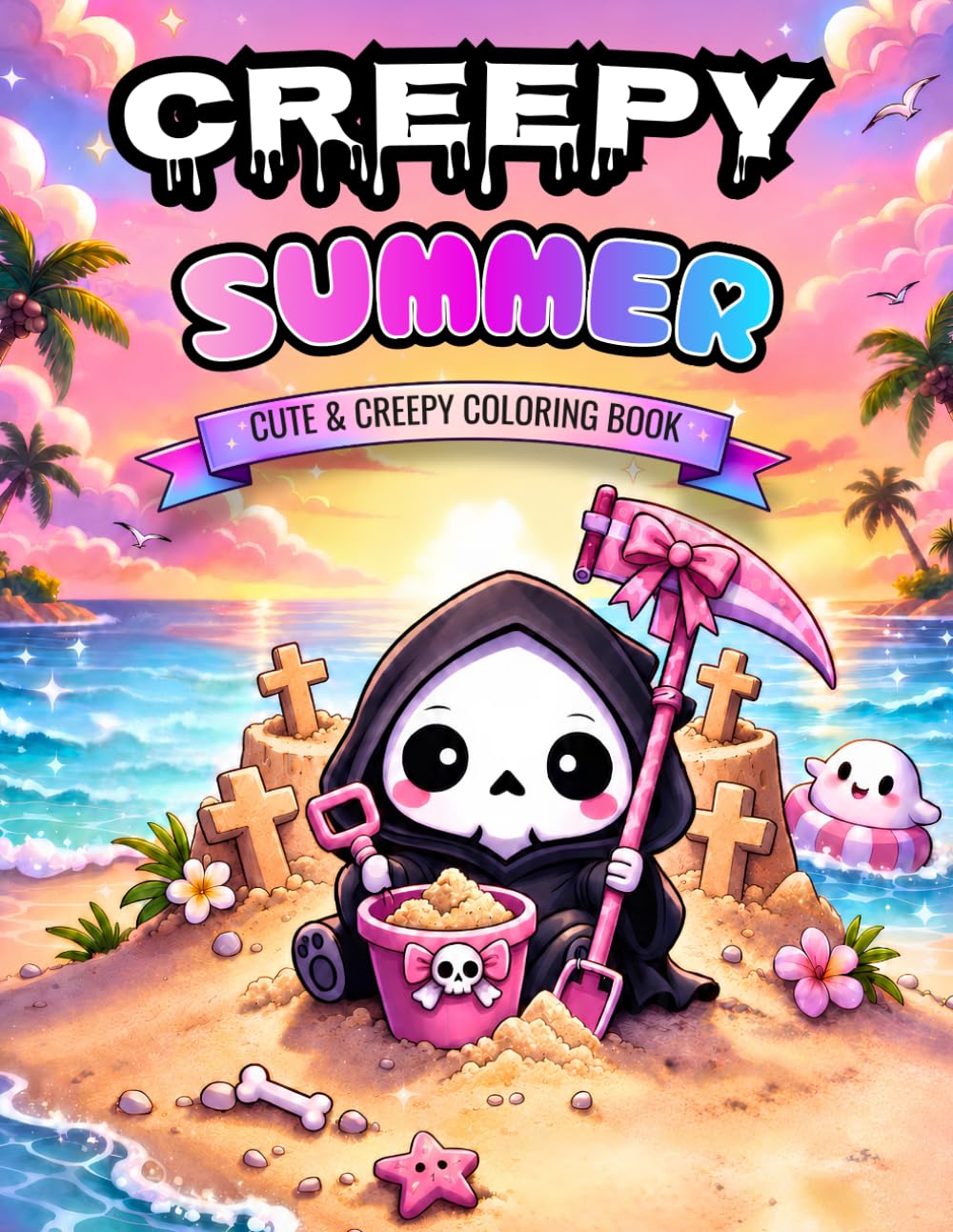 Creepy Summer: A Cute and Creepy Coloring Book for Adults and Teens: 50 Unique Kawaii Horror Designs with Beach Ghosts, Spooky Tropical Scenes, and Adorably Haunted Summer Vibes