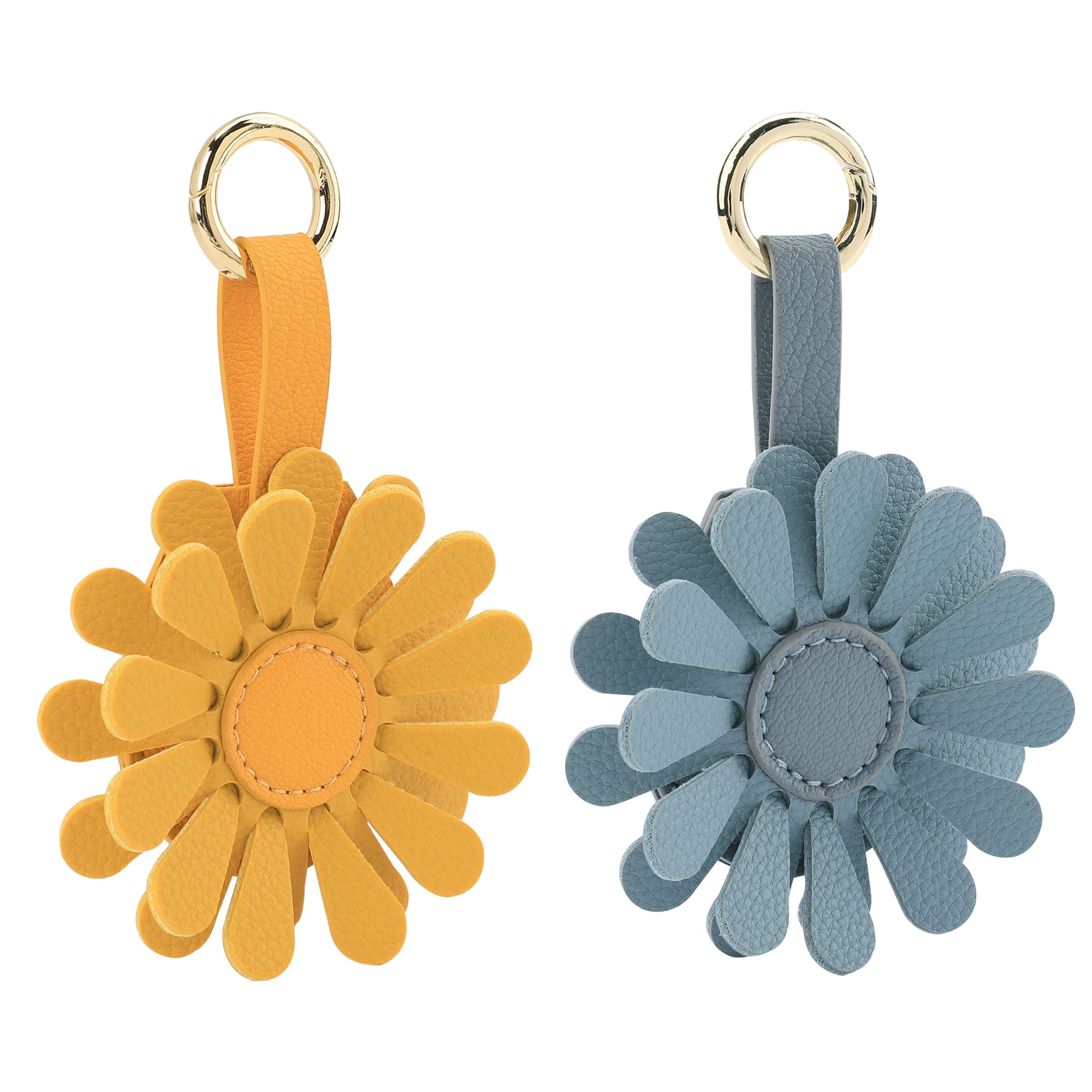 URIZZD Air Tag Keychain for Apple Airtags Holder, 2 Pack Flower Air Tag Cases, Leather Cover for AirTags Holder (Yellow+Blue)
