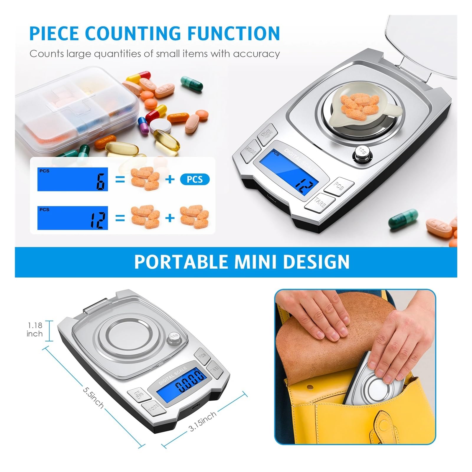 Básculas de cocina, Báscula electrónica de precisión de 0.001g, báscula de pesaje Digital con carga USB de 100g/50g, báscula portátil de peso for laboratorio, báscula de miligramos(100g)