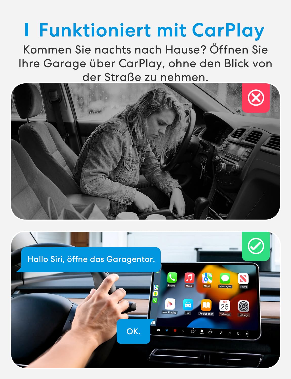 Meross Smart Garagentoröffner Fernbedienung, kompatibel mit CarPlay, Apple HomeKit, Siri, Alexa und Google, Universal WLAN Garagentoröffner mit Benachrichtigung, Sprachsteuerung, Auto-Close und Timer