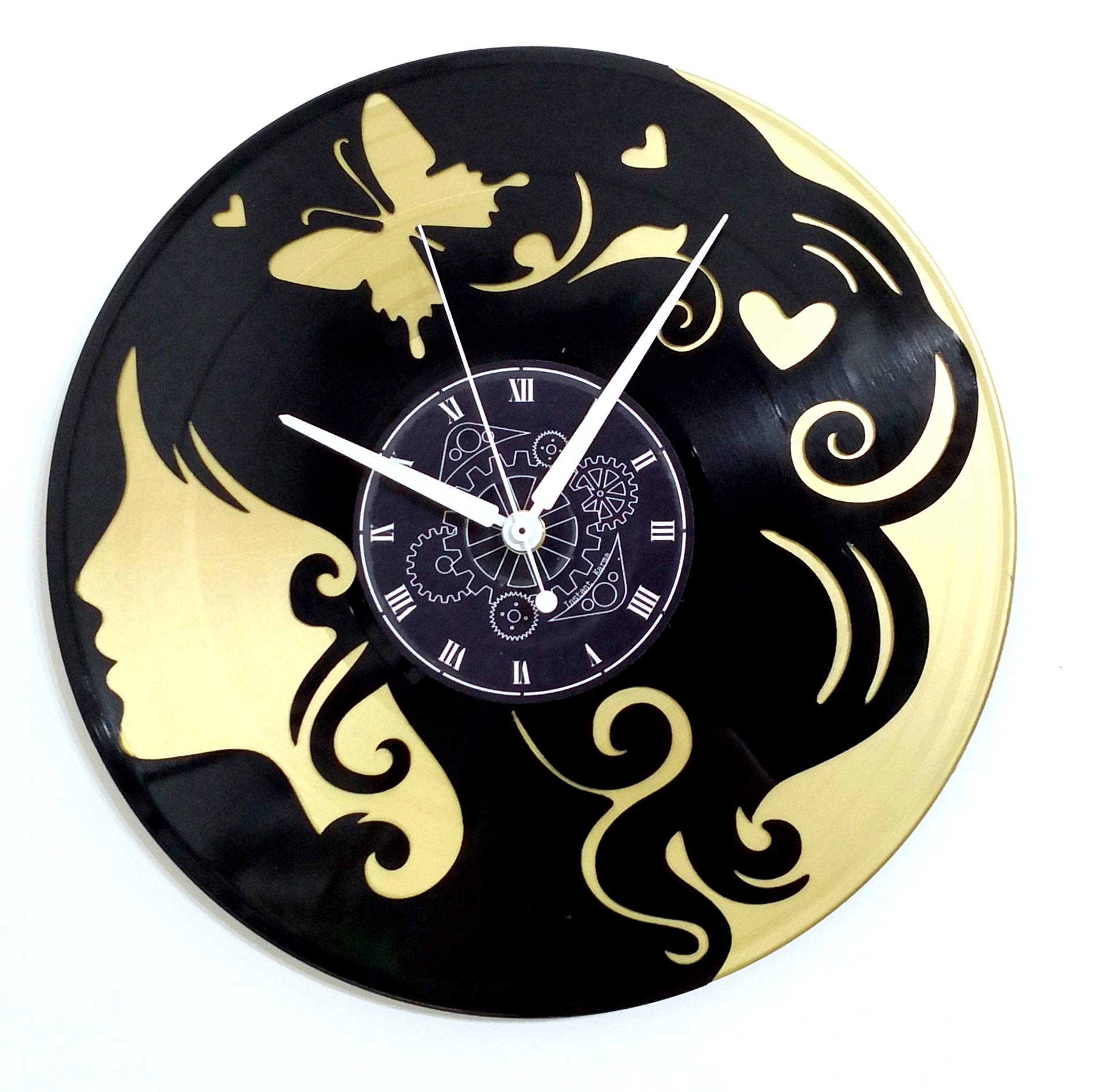 Horloge murale en vinyle dorée avec visage de femme papillon déco salon vintage