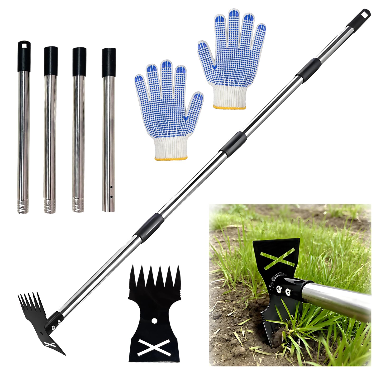 Laaorr Weed Puller Tool,150cm Weed Remover Tool Long Handle Weeder 2 In 1Manual Weed Rake and Garden Hoe Heavy Duty Weed Puller for Yard, Lawn, Patio, Garden