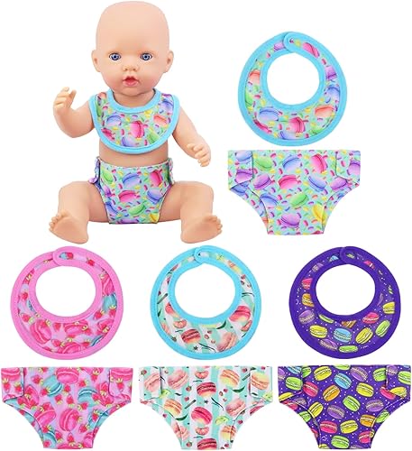 Ropa interior de muñeca de bebé con patrón de macarrón de dibujos animados para muñecas de 14 a 18 pulgadas, pañales y toallitas para babear, 4