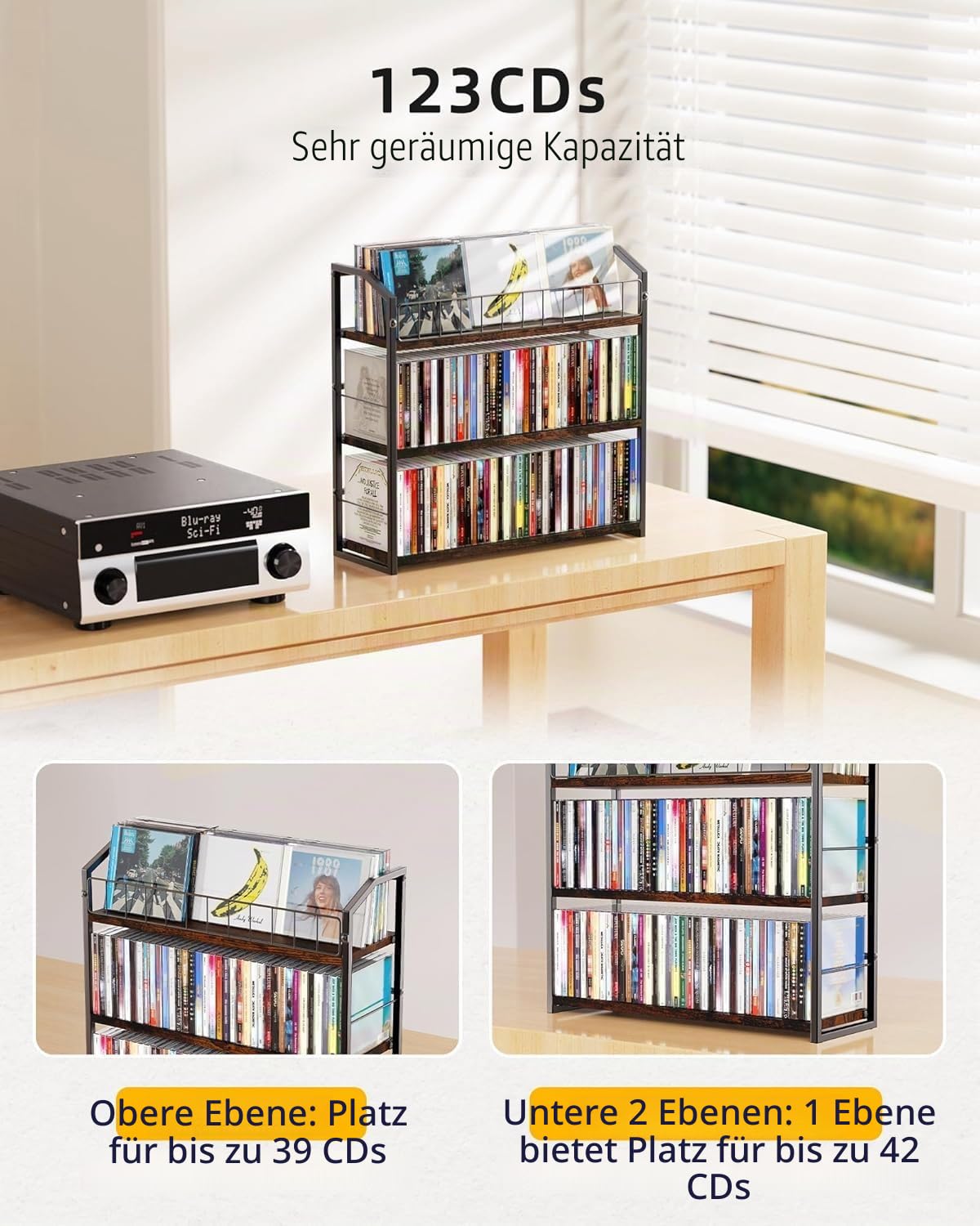 TJ.MOREE Schallplattenhalter mit 3 Ebenen, industrieller Retro-Stil, Karbonstahl/Holz, platzsparender Schreibtisch-Organizer
