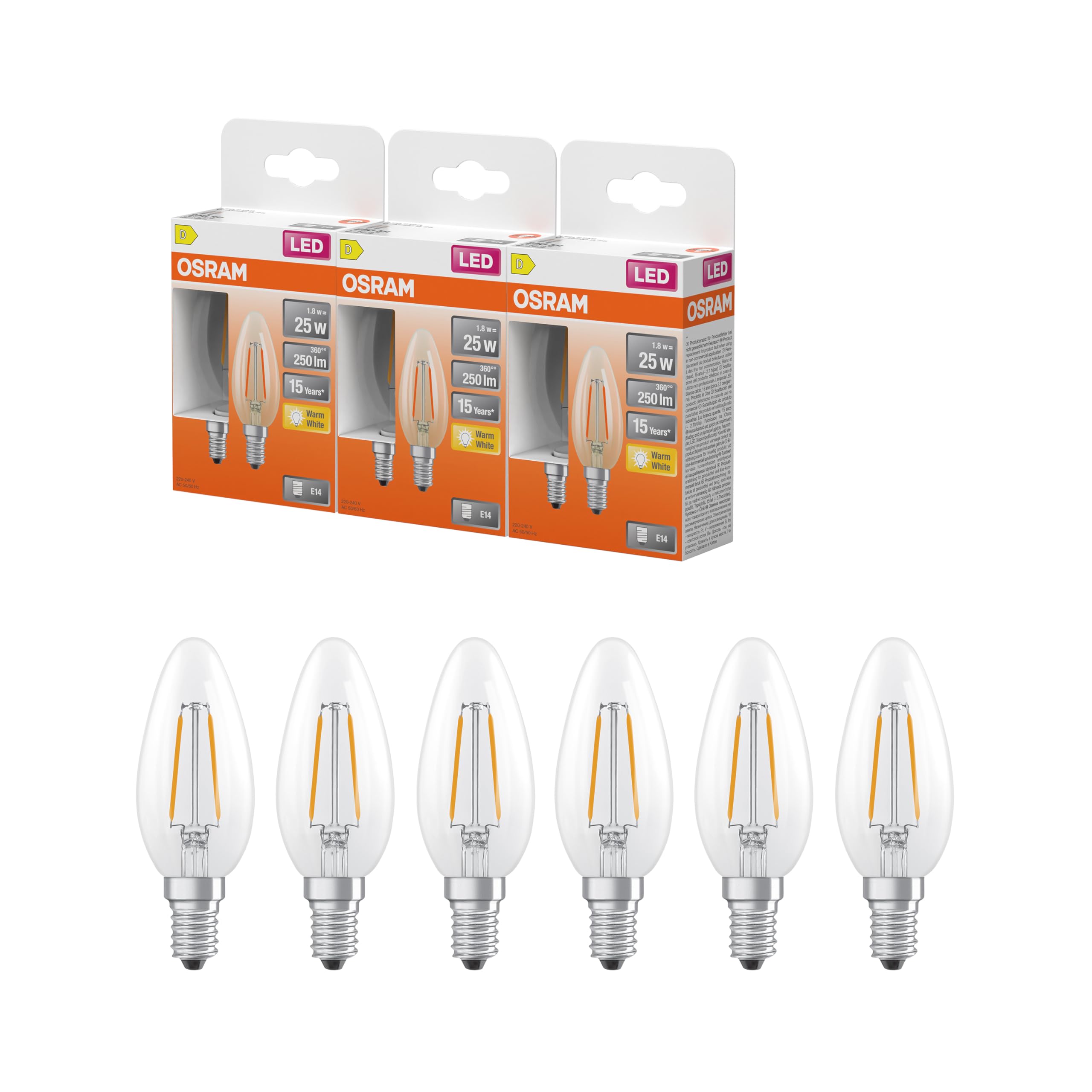 OSRAM Lampada LED Star Candle Shape B25 a filamento, 2700 K bianco caldo, 1,8 W, E14, trasparente, 250 lm, 15.000 ore, per lampadari, apparecchi decorativi,3-Pack