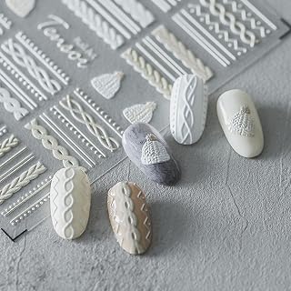 Winter Nail Art Stickers 5D Embossed Sweater Lines Decals White Off-White Knit Cap Warm Knitwear Design Cute Accessories for Women Christmas New Year Decoration