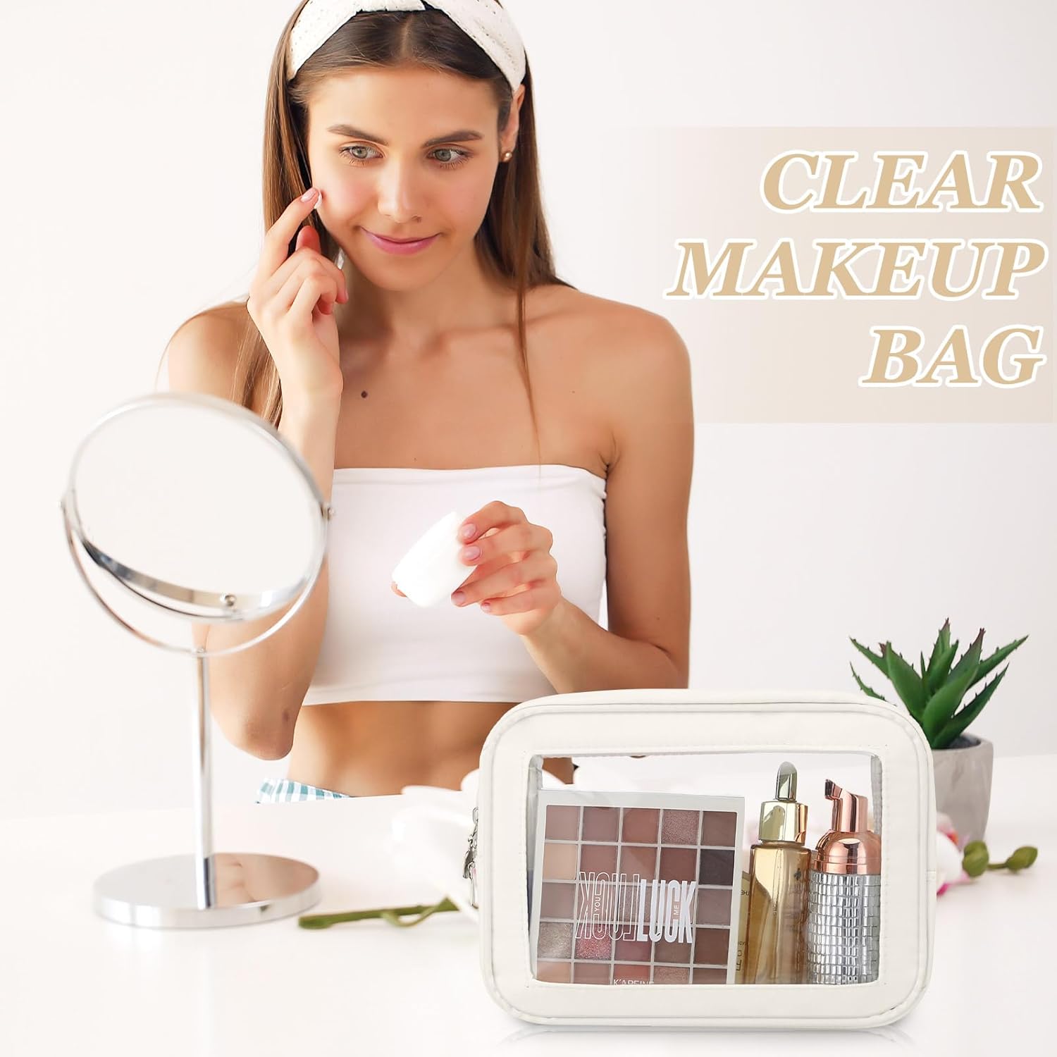 Abbylike 3 Pcs Clear Makeup Bags Car Cosmetic Bag with Zipper Nylon PVC Travel Toiletry Pouches Sets for Women New Years Gifts, Valentine's Day Wedding Gift for Her(Cream White) - Image 4