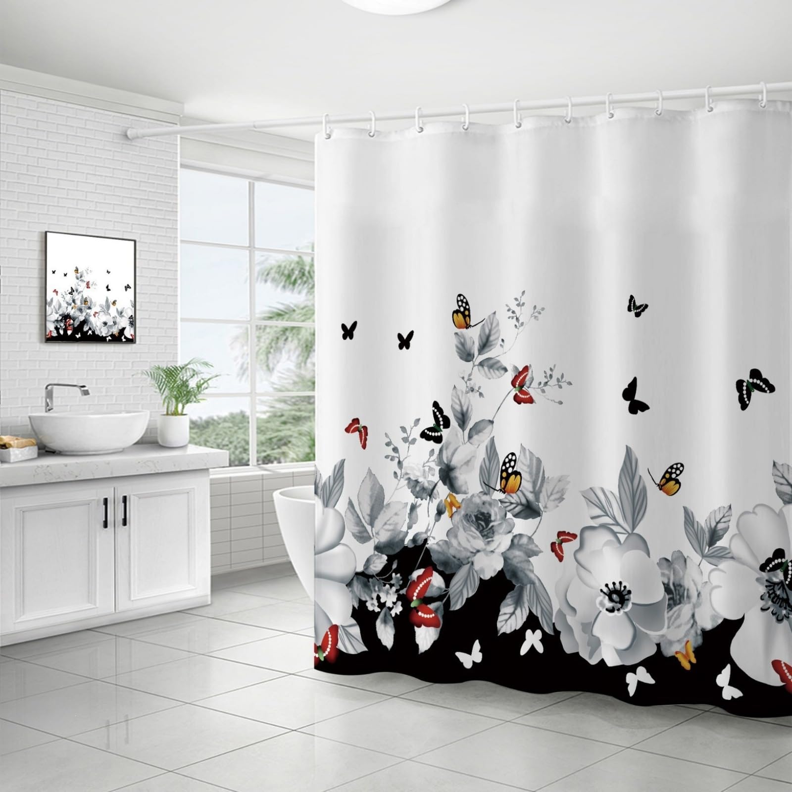 Shower Curtains Black Retro Butterfly Wet Room Shower Curtain Mould Proof Resistant Waterproof Polyster Fabric Washable with 12 Hooks Garden Bathroom Curtains (180x200cm)