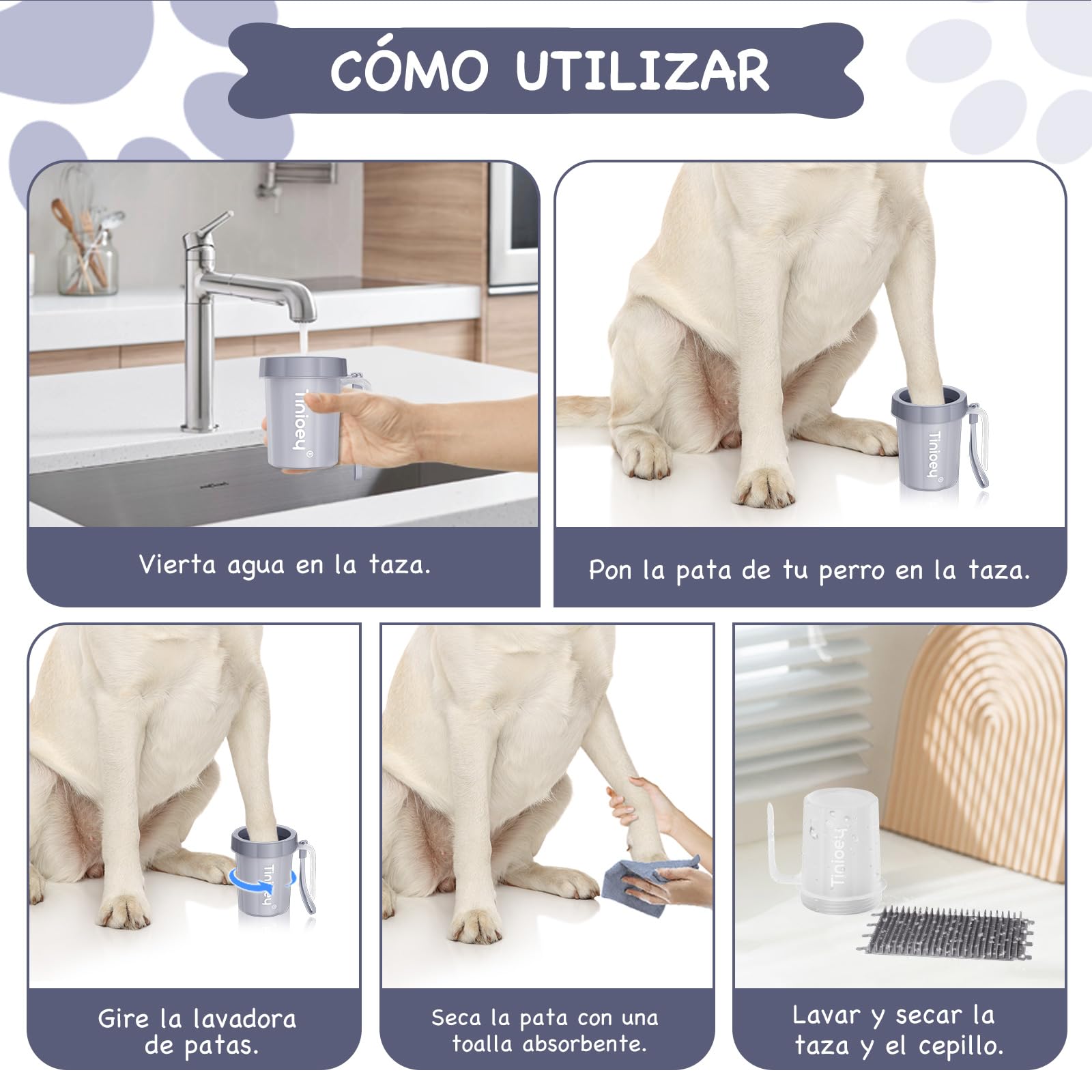Limpiador Patas Perro de Raza Mediana Pequeña con Mango, Limpiador de Patas de Perros para Limpiar Patas Embarradas, con Cepillo para Perros y Cuatro Toallas Absorbentes (Gris)