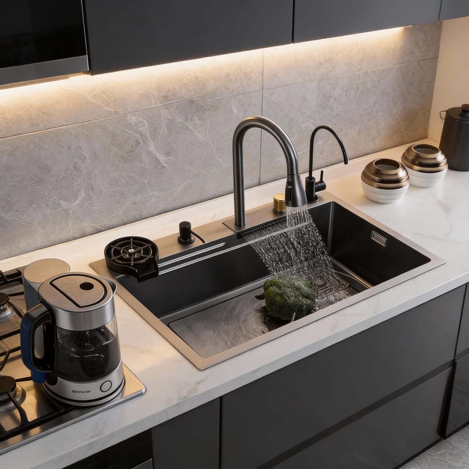 304 Grade Multifunction Kitchen Sink 30'' x 18'' x 10'' with Integrated Waterfall & Pull-down Faucet Set-Stainless Steel Sink with Cup washer and Drain Baskets