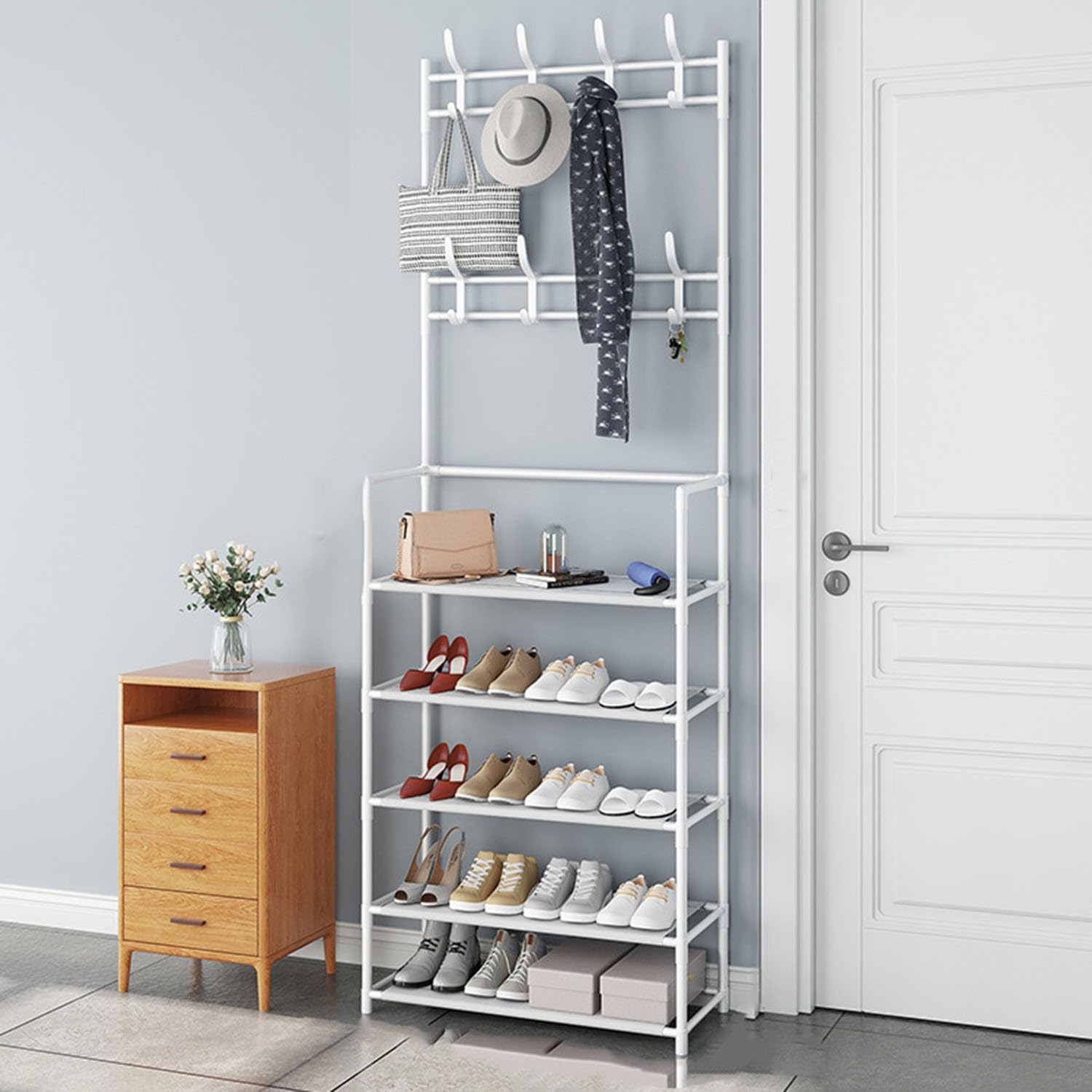 LWJSOCP Coat Rack Shoe Hall Tree Entryway Storage Bench with Hooks Shelf Freestanding Easy Assembly for Clothes Shoes Bags