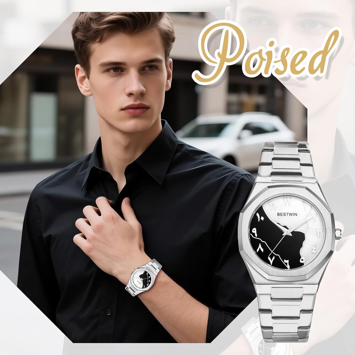 OIDEA Mens Watches: Fashion Octagonal Two-Color Dial Artistic Digital Scale Analog Quartz Wrist Watches for Men Waterproof Business Casual Dress Watch with Stainless Steel Strap - Image 7
