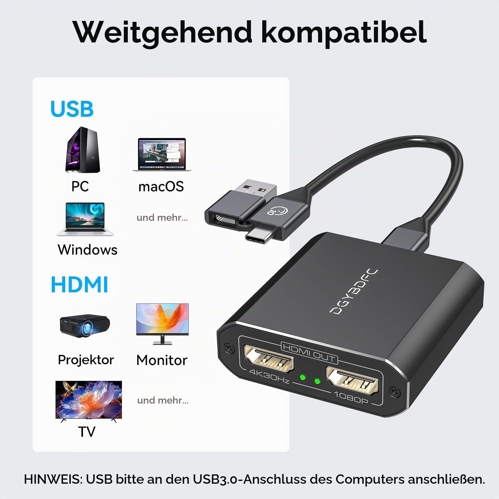 USB A/C auf 2 HDMI Adapter 1 in 2 Out Extended Display Dual Monitore USB 3.0 A & C auf 2 HDMI Splitter 4K 30Hz+1080p 60Hz für Laptop Unterstützt MST/SST Modus mit USBA/C-zu-USBC Kabel