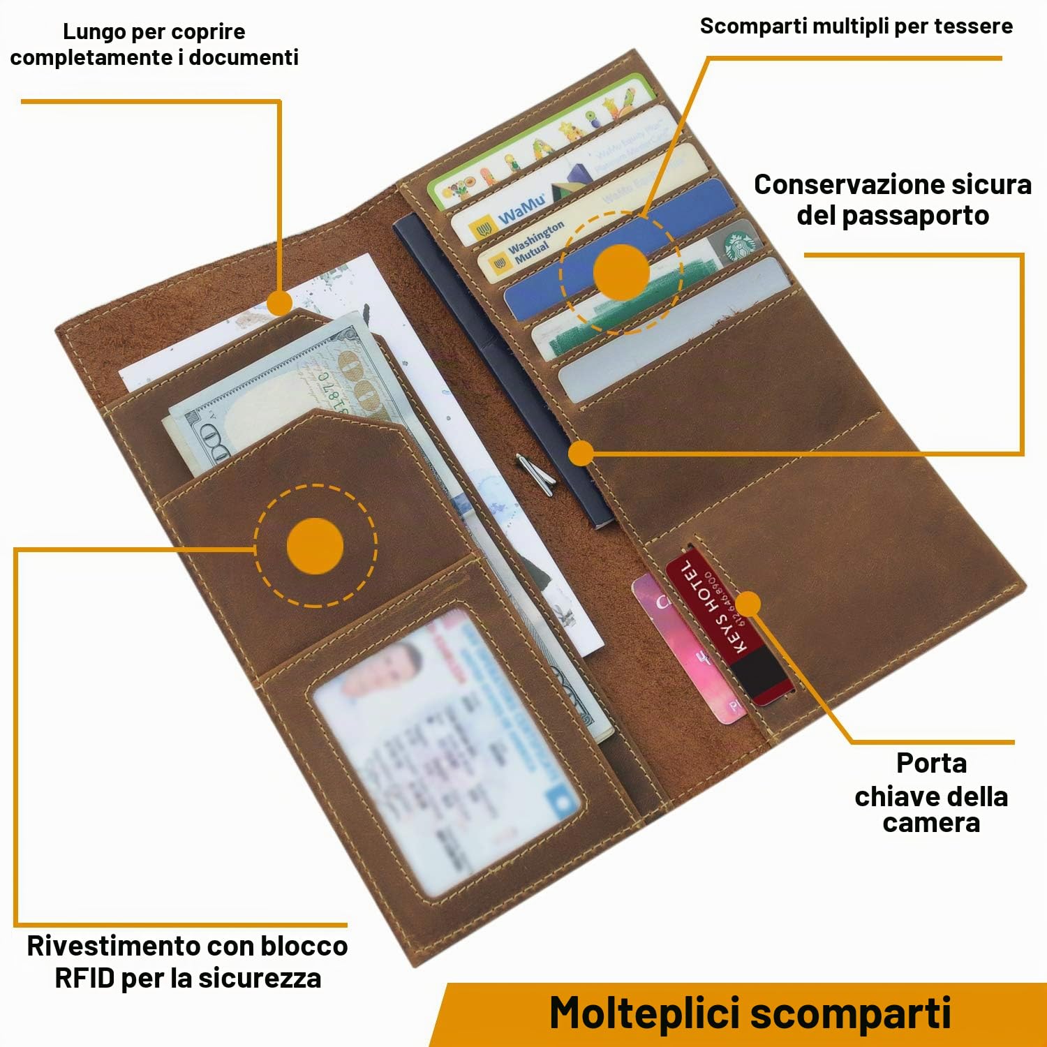 WANDERINGS Portapassaporto e portafoglio da viaggio in pelle Blocco RFID, taccuino da viaggio e portafoglio in vera pelle per uomo e donna, portapassaporto e portafoglio da viaggio, 11x23 cm
