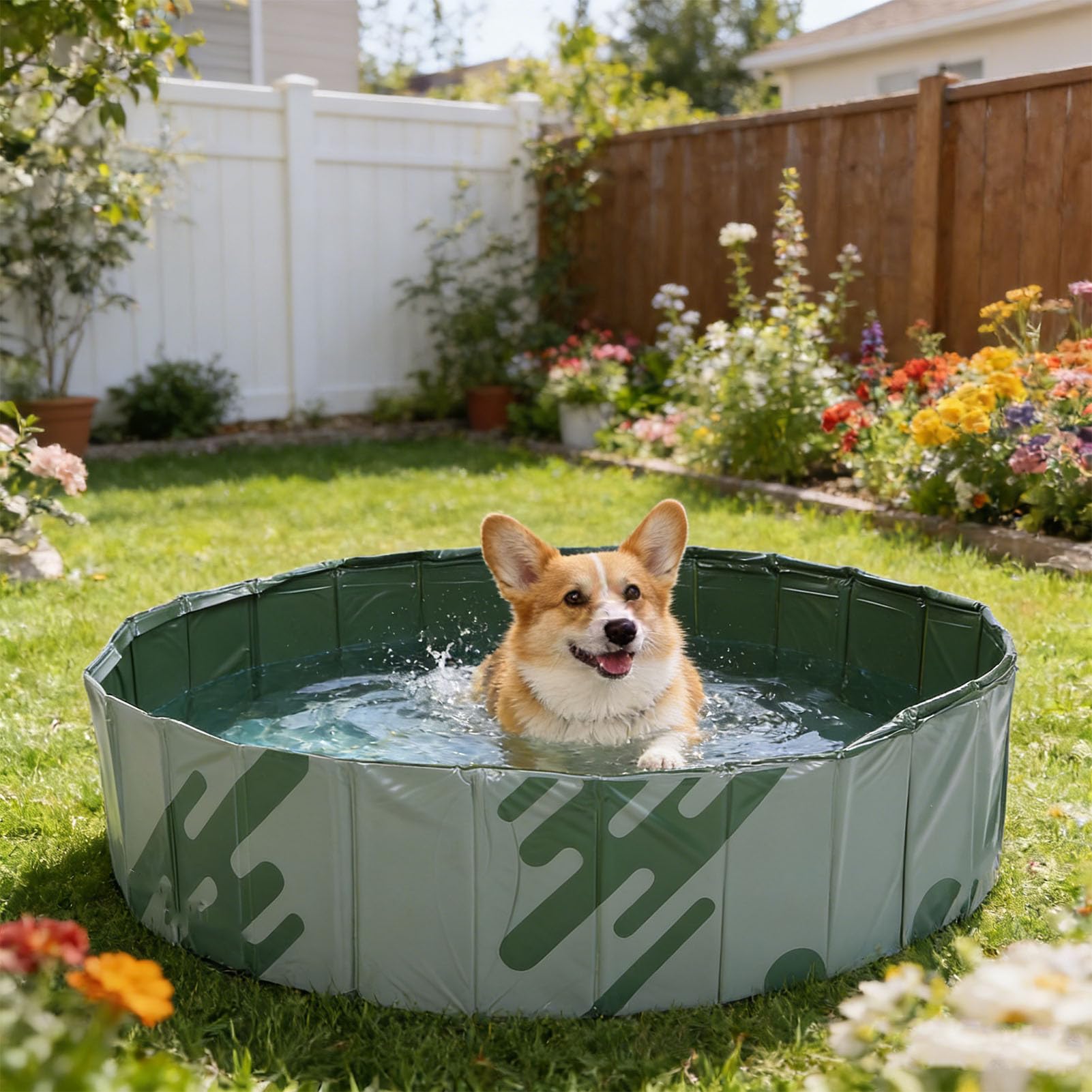 Piscina Pieghevole, Piscina All'aperto in Plastica Non Gonfiabile per Cortile, Vasca da Bagno Portatile Pieghevole per Animali Domestici per Cani, (Avventura nella Natura Selvaggia Verde)
