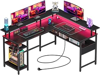 Rolanstar Gaming Schreibtisch L Form mit LED & Steckdosen, Gaming Tisch mit Monitorständer & Ablagefläche, Eckschreibtisch mit 2 Haken, Reversibler Computertisch Groß für Büro(Schwarz 137 x 108cm)