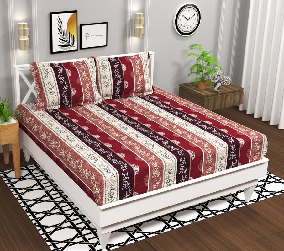 BSB HOME 3D Printed 144 TC Microfiber Double Bedsheet with 2 King Size Pillow Covers (Maroon and White Jaipuri Print, 90 X 90 Inches)