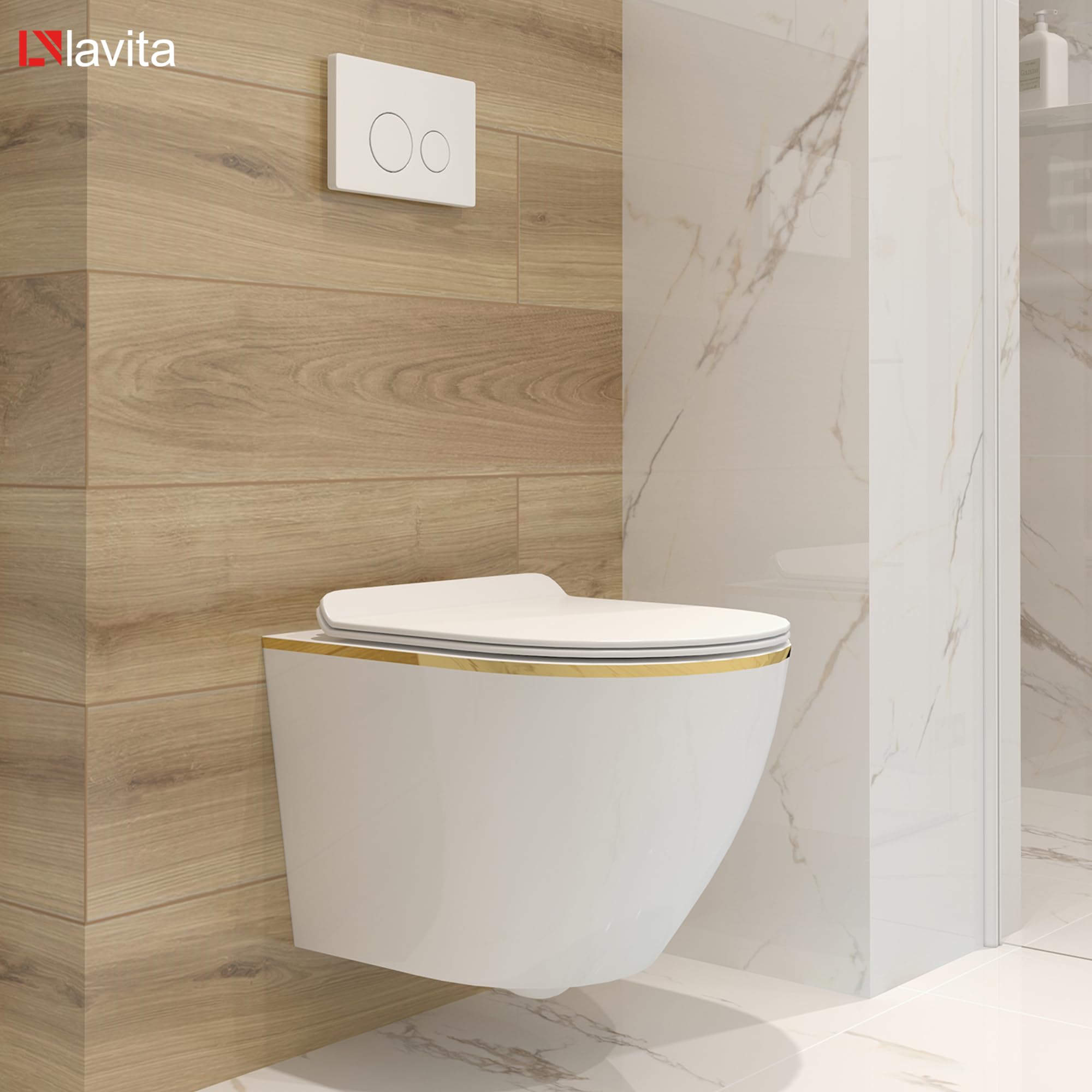 LAVITA WC mural suspendu avec siège de toilette, couvercle de toilette avec système d'abaissement automatique et charnières en métal Sans rebords, cuvette de toilette suspendue Sofi Slim Gold Line