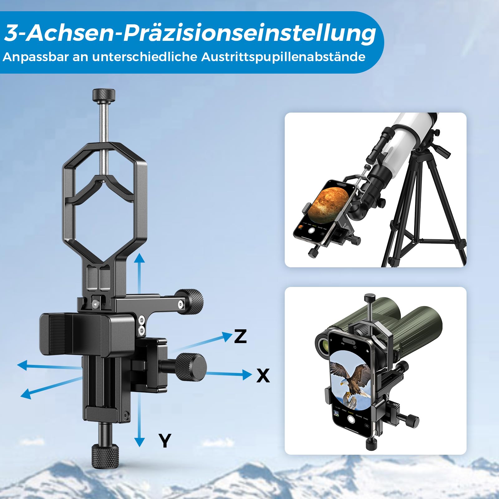 APEXEL 3-Achsen Metall Teleskop Handy Adapter XYZ-Achsen Hochpräzisions Fotoadapter für Ferngläser Monokular Mikroskop