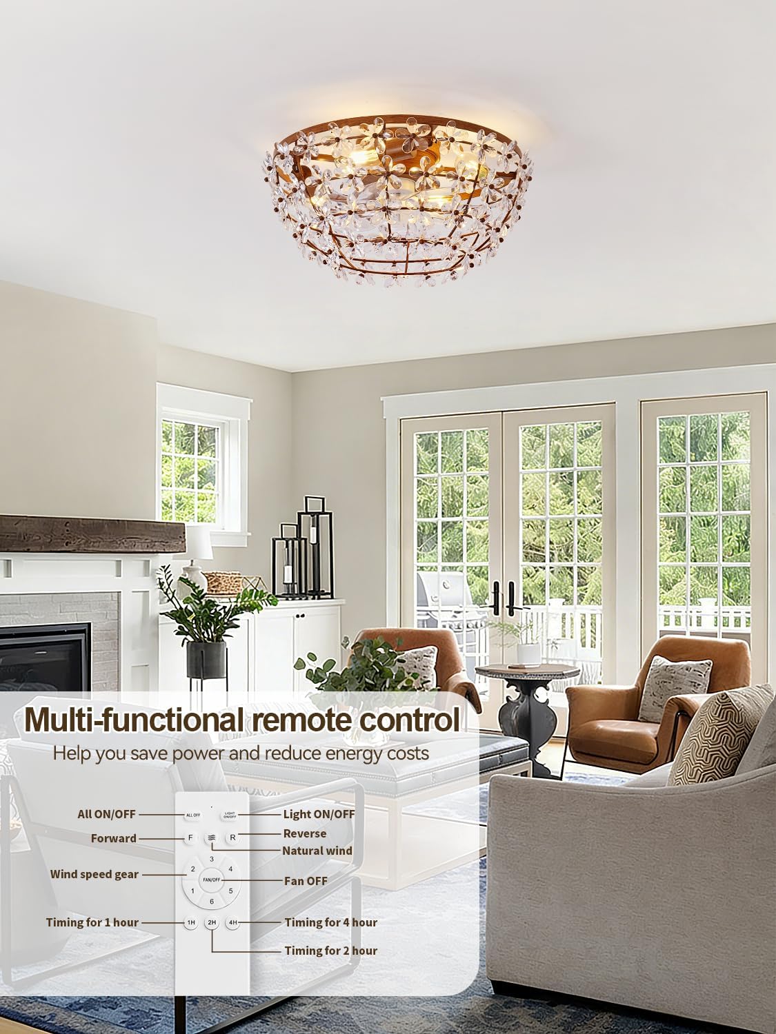18" Flower Fandelier Ceiling Fan with Light, Crystal Flush Mount Ceiling Fan with Light and Remote, Mid Century Caged for Bedroom, Nursery, Living Room