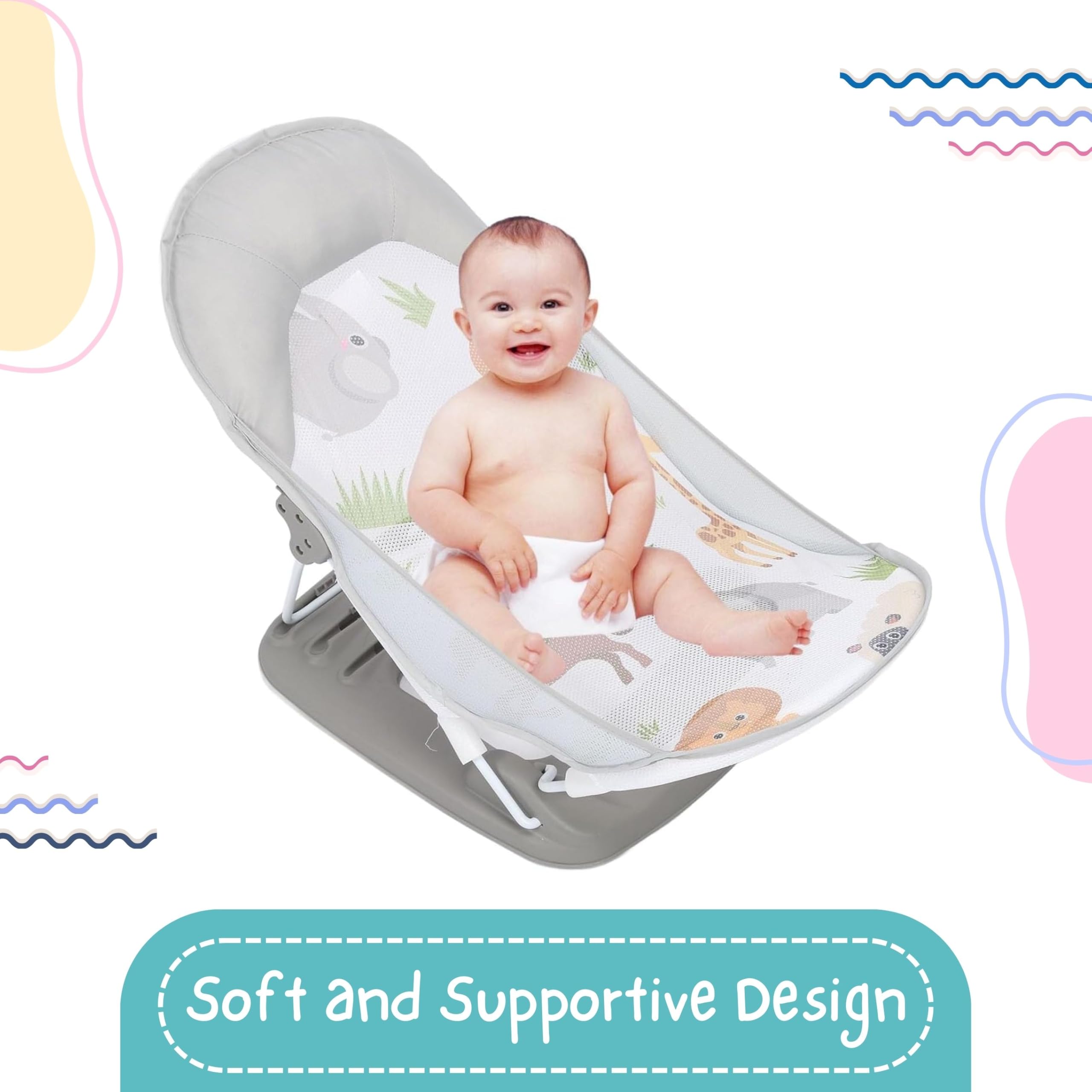 OBABY Newborn Baby Bather Foldable/Reclining/Quick Dry/Portable/Soft Cushion/Non-Slip 3 Position Adjustable, Printed and Colorful Infant Bather for Daily use. (0-18 Months) - Image 3 thumbnail