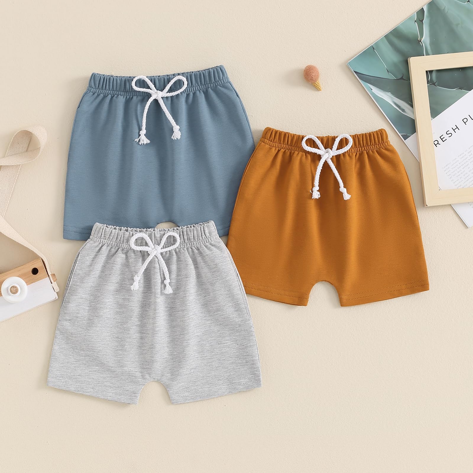 Caziffer Short 3 Pièces Bébé Garçon Taille Élastique Couleur Unie ou Rayé avec Boutons Short Bébé Garçon Été