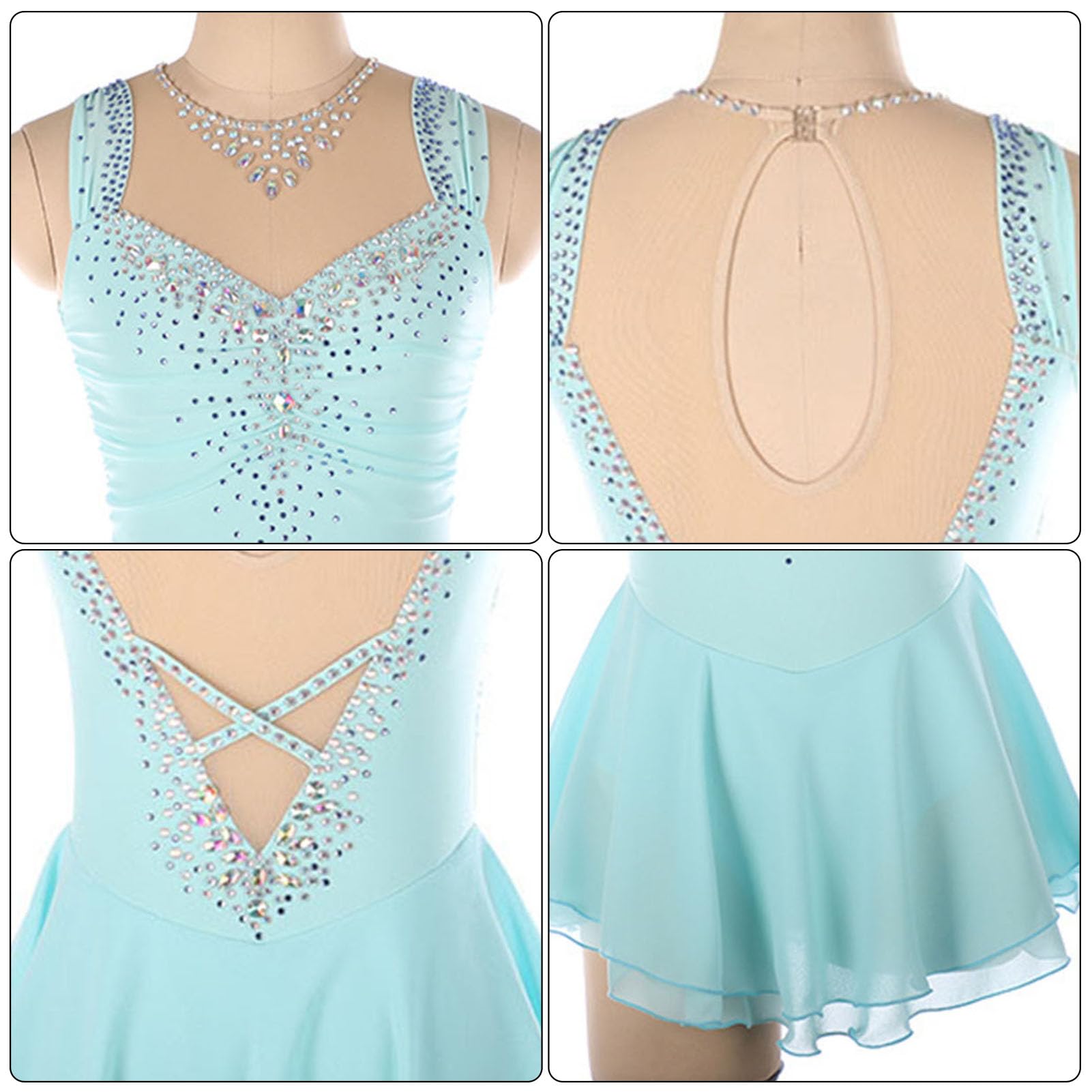 Vestito da Pattinaggio Artistico, Scollo A V Aperto sulla Schiena E Senza Maniche Skating Danza Ginnastica Leotard, Tutu Maniche