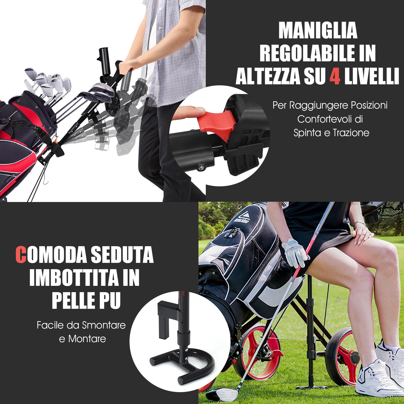 COSTWAY Carrello da Golf Pieghevole a 3 Ruote, con Sedile, Maniglia Regolabile in Altezza, Rabellone Segnapunti, Portabevande, Portaombrelli e Freno a Pedale