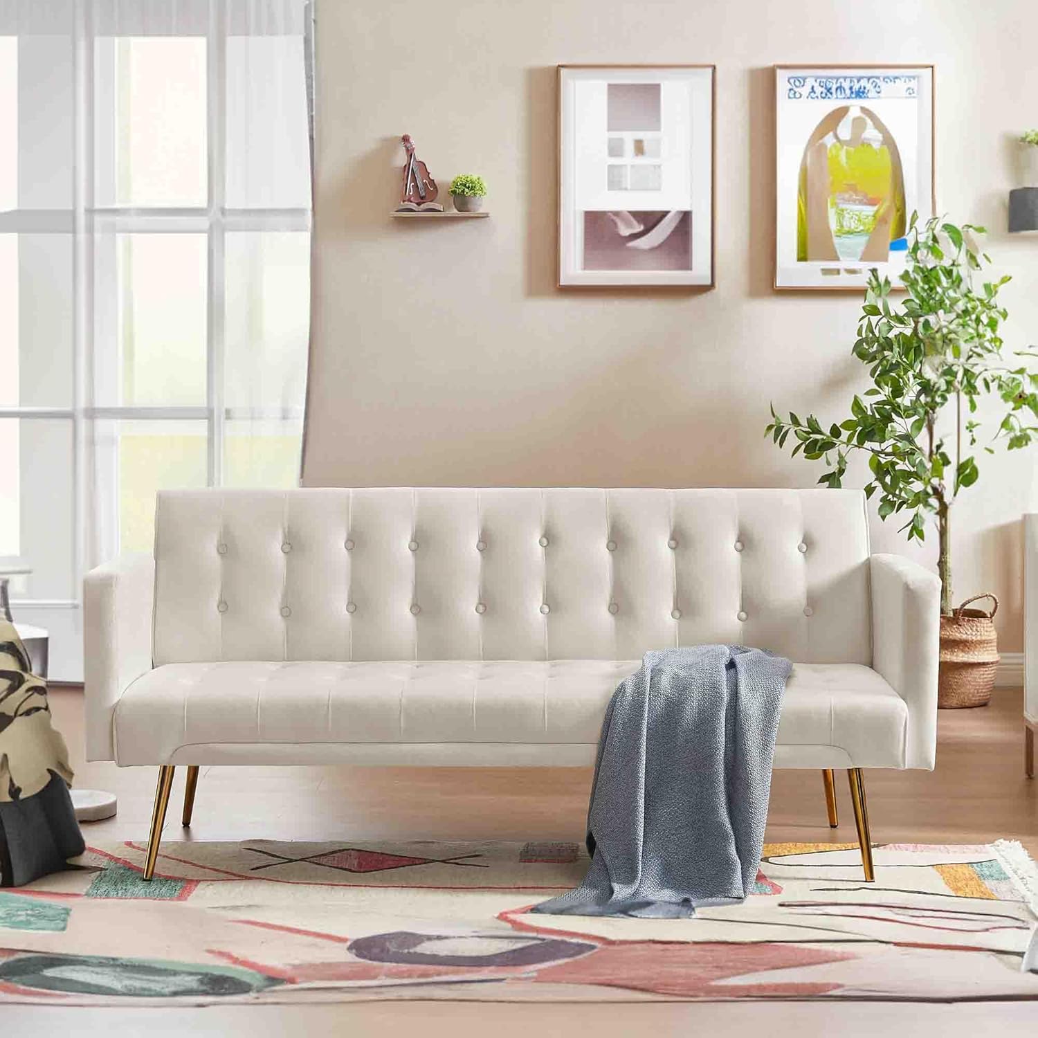 Sofá cama futón moderno de terciopelo de 70 pulgadas, sofá cama convertible con patas y reposabrazos de metal, sofá biplaza tapizado plegable,