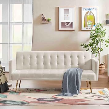 70 Modern Velvet Futon Sofa Bed, Convertible Sleeper Couch with Metal Legs/Armrests, Folding Upholstered Loveseat, Memory Foam Living Seat, Recliner Sofa for Home/Office Beige