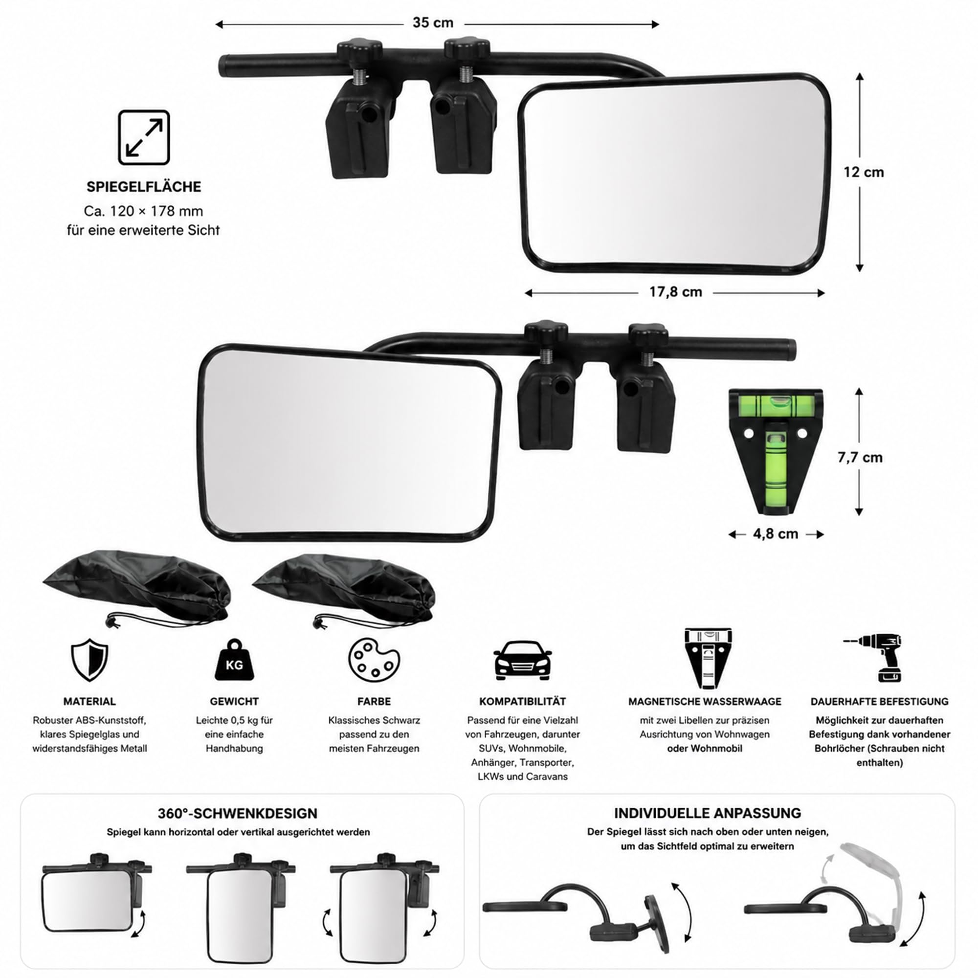 Mucola Wohnwagen Spiegel Zusatzspiegel universal 2er Set 12x18 cm Schwarz | Inkl. Wasserwaage, werkzeuglose Anbringung, vibrationsfrei bei Tempo, erweitert das Sichtfeld, für Caravan und Anhänger