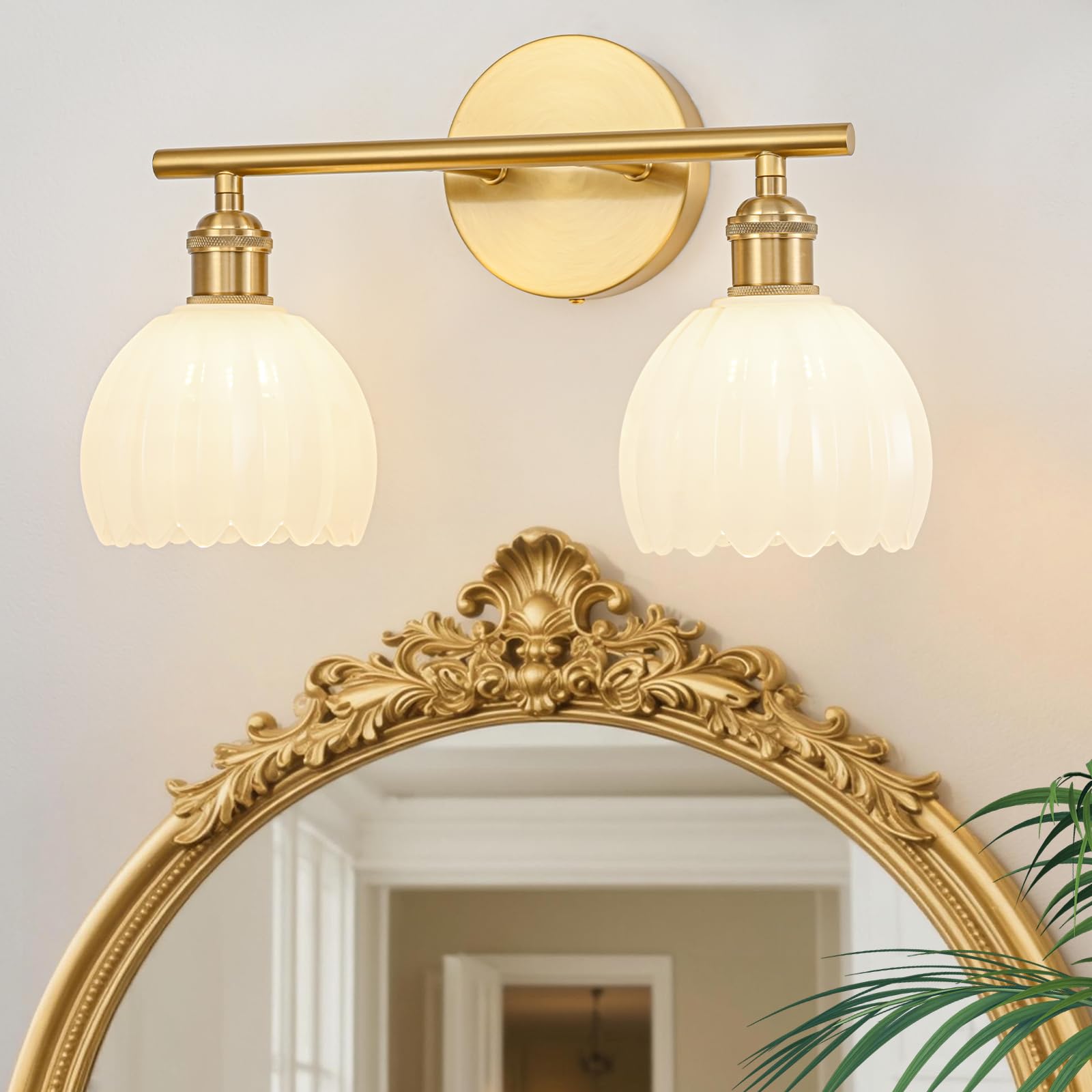 Gold Bathroom Light Fixtures Over Mirror, 2 Light Bathroom Vanity Light with Tulip Milk White Glass Lampshade, Vintage Vanity Lights for Bathroom, Bathroom Vanity Lights Over Mirror