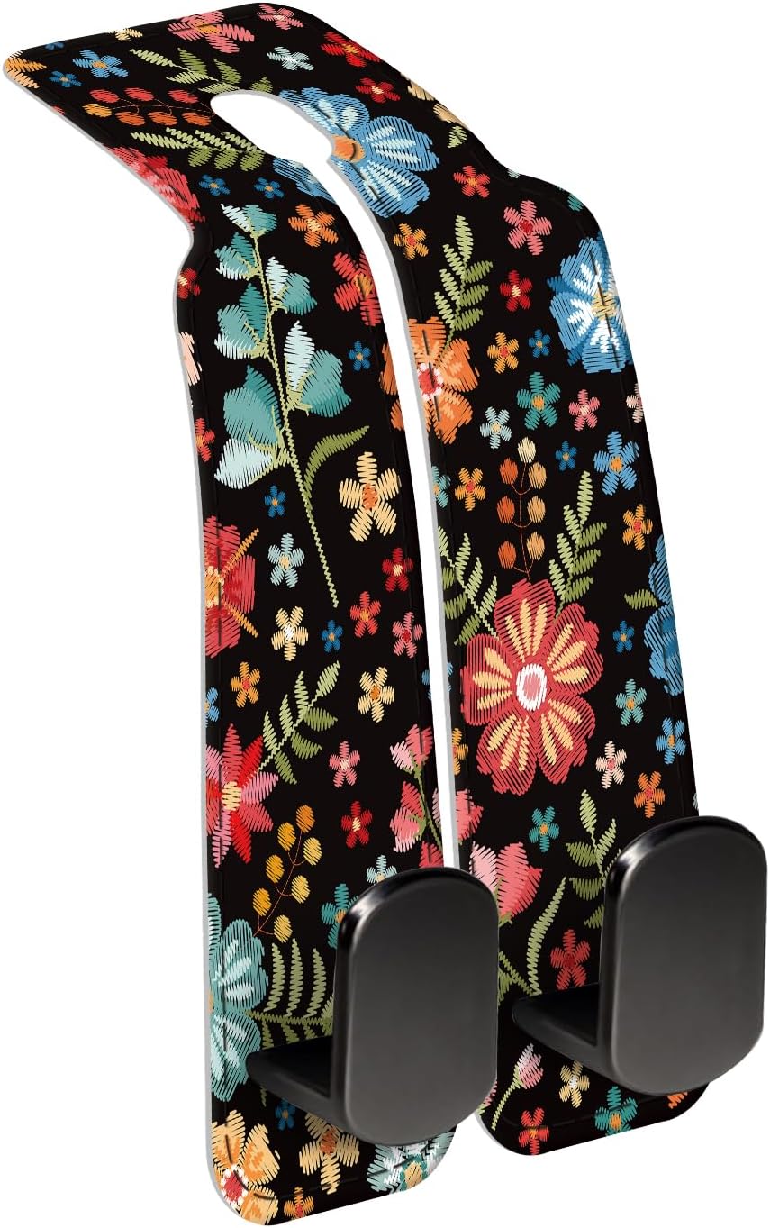 Car Seat Back Storage Headrest Hook, Premium Leather Double Metal Hook, Hanger Storage Organizer for Purse Cloth Bag, Car Interior Accessories Red Boho Flowers