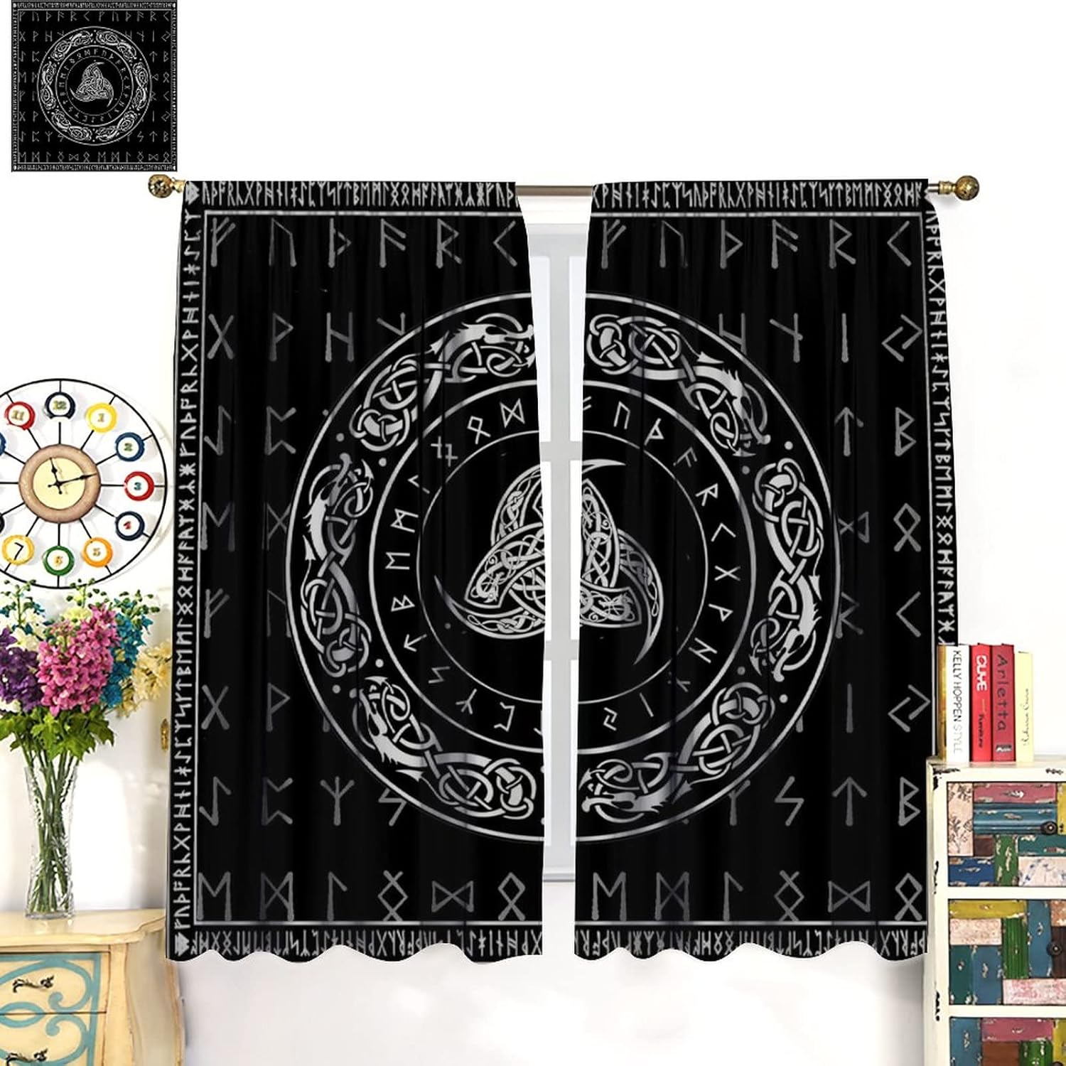 Viking Art Curtains,Ancient Rune Totem Norse Mythology Blackout Window Drapes,Black White Mystical Geometric Norse Window Treatment for Living Room Kids Boys Bedroom 52x84in