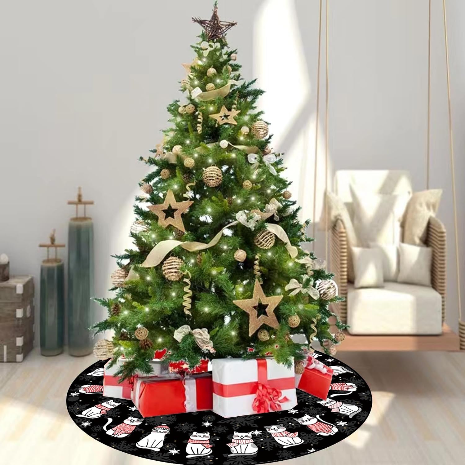Christmas Tree Skirt Black Tree Skirt Cat Christmas Xmas Winter Tree Skirt 36 Inch for Black Cat Christmas Indoor Outdoor Decorations