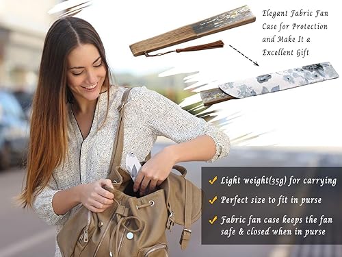 Miniatura 7 de OMyTea Abanico de mano plegable para mujer - Abanico chinojaponés plegable vintage de bambú y seda - para sofocos, Iglesia, EDM, festival de música,