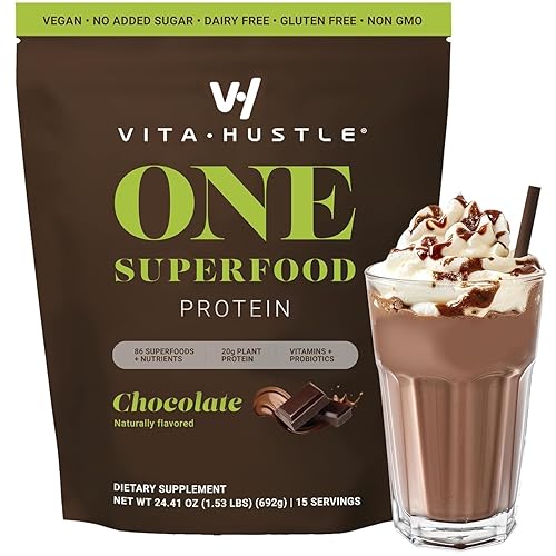 VitaHustle ONE Superfood Protein Batido nutricional todo en uno, 0.71 onzas de proteína vegetal de chocolate, 86 superalimentos, vitaminas y