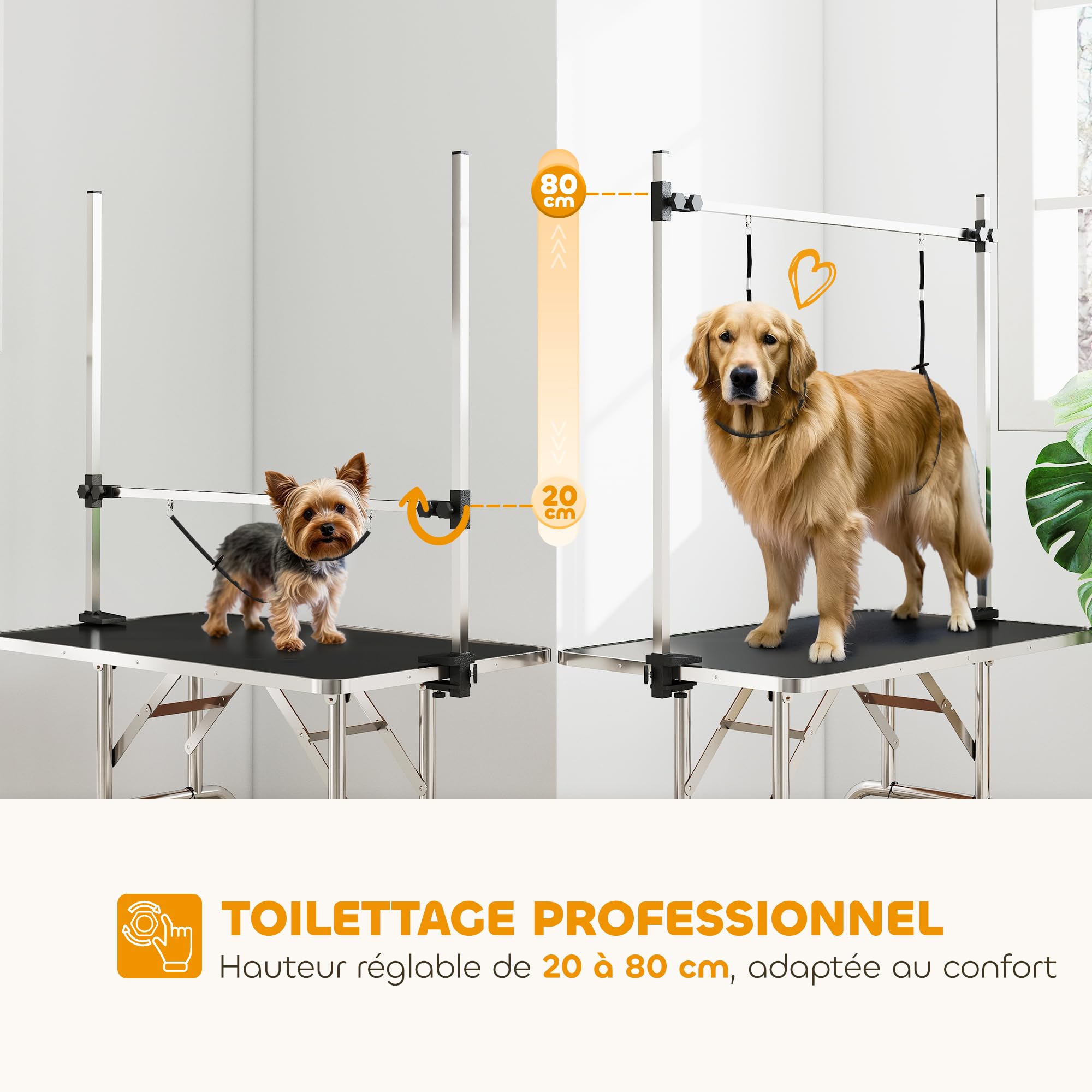 PawHut Table de toilettage pour Chien Chat Animaux, Pliante 107x60x76cm - Potence H INOX réglable - Station Robuste 100kg avec Surface antidérapante - 2 Sangles, Panier Maille - idéal Domicile - Noir