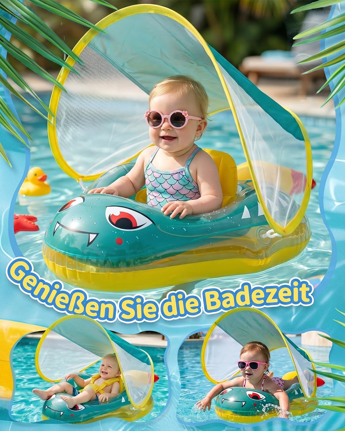 Baby Schwimmring mit UPF50+ Sonnendach Entfernbar, Premium Baby Float, Schwimmhilfe verstellbare Schultergurte, Schwimmtrainer, mit aufblasbarer Swimming Float für ab 6-36 Monate(7-16kg)