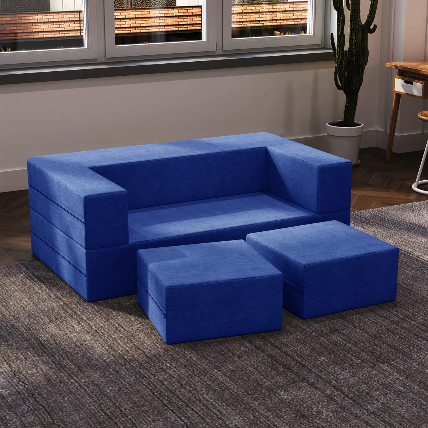TRENDY VIBES- | 5x6 Feet, 2 Seater | C-Type- Sofa Cum Bed Jute Fabric Washable Cover with 2 Pouffe/Foot Stools - Color Blue (B0D35HQ5KM) Amazon Price History, Amazon Price Tracker