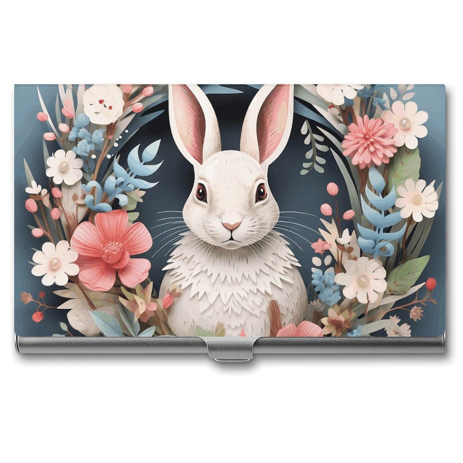 BTCOWZRV Easter Wreath with Rabbit Business Card Holder Metal Slim Business Card Case, Pocket Card Holder for Men Women Purse Name Card Holder Stainless Steel Wallet Credit ID Case for Office
