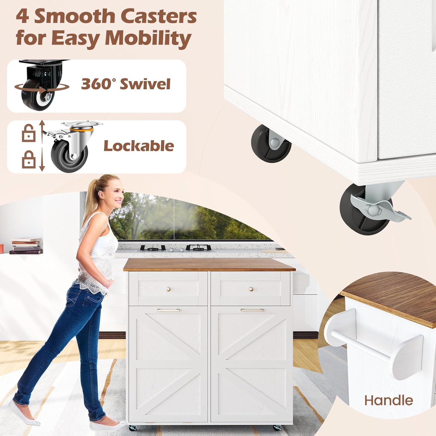 Kitchen Island with Storage, 42”D Mobile Breakfast Bar Table w/Drop Leaf, Towel/Spice Rack, 2 Drawers & Storage Cabinet, Large Rolling Kitchen Cart with Trash Can Cabinet (White & Natural)
