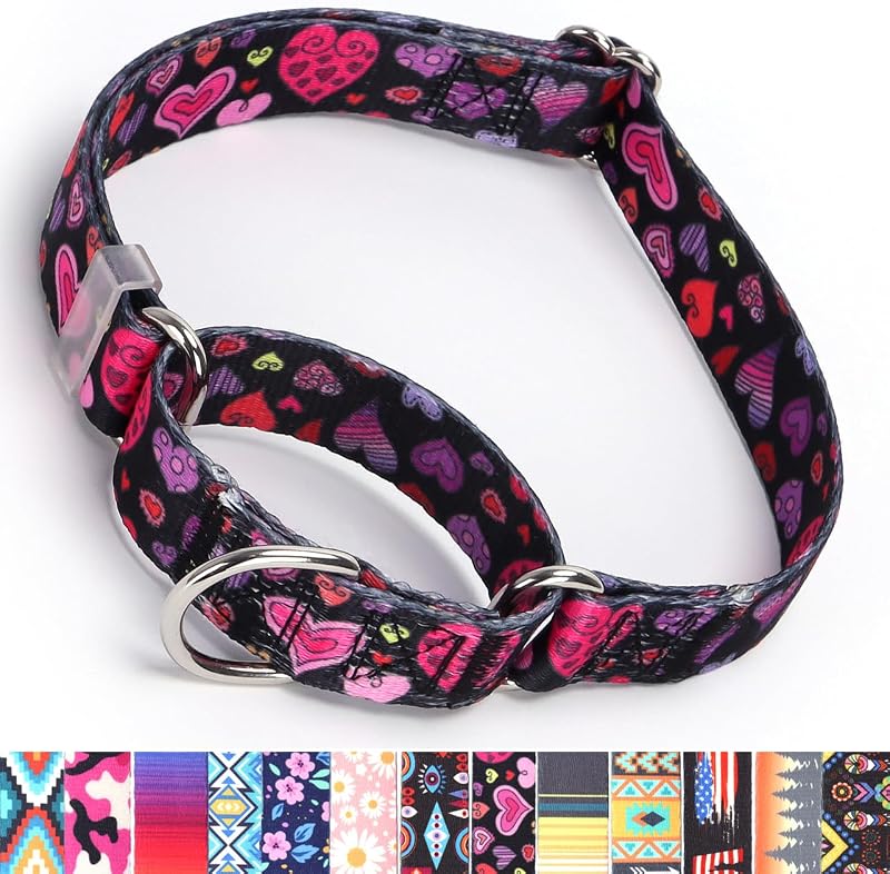 Coleira Martingale Ajustável de Nylon Macio para Cães YOUALSO Love Red Heart Black M