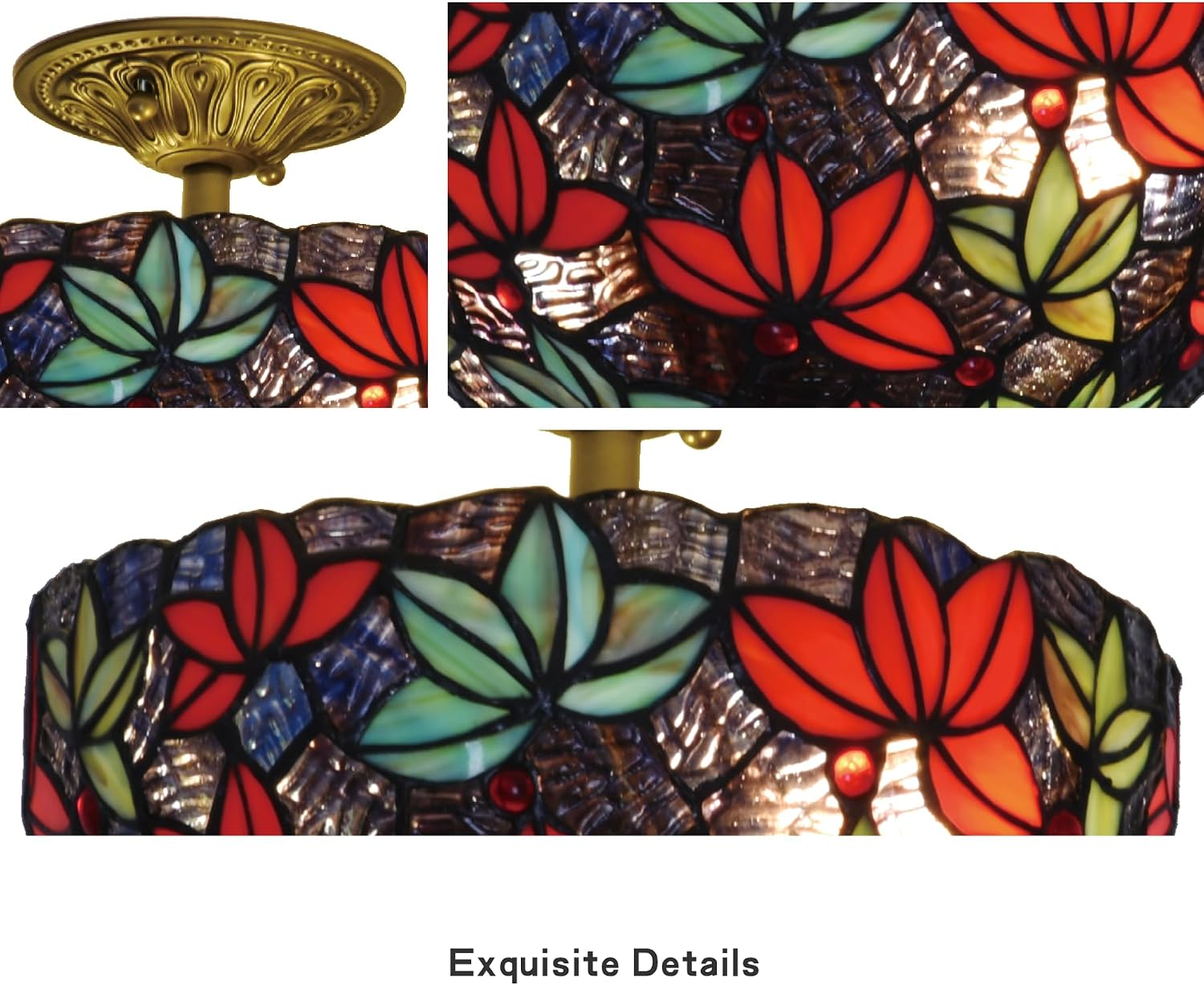Tiffany Stained Glass Semi Flush Mount Ceiling Light Vintage Purple Blue Maple Leaf Shade with Antique Bronze Base W12xH11 Bedroom Hallway Entry UL Listed (Purple Blue Maple Leaf)